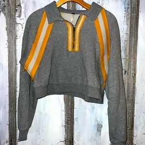 Free People Grey Crop 1/4 Zip Sweatshirt. Raw Edge Yellow Trim S